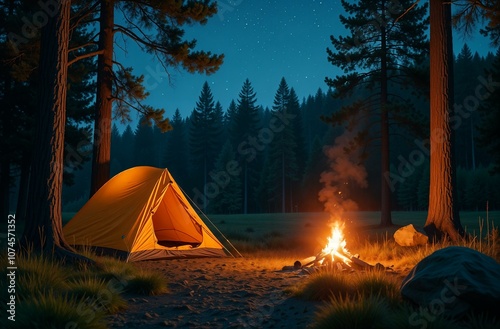 yellow tourist tent on the background of mountains,night starry sky, bonfire, campfire, romance of hiking, vacation, tourism, weekend, travel, traveler, trekking, camping 