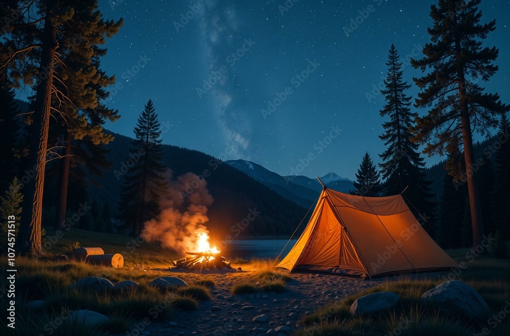 yellow tourist tent on the background of mountains,night starry sky, bonfire, campfire, romance of hiking, vacation, tourism, weekend, travel, traveler, trekking, camping

