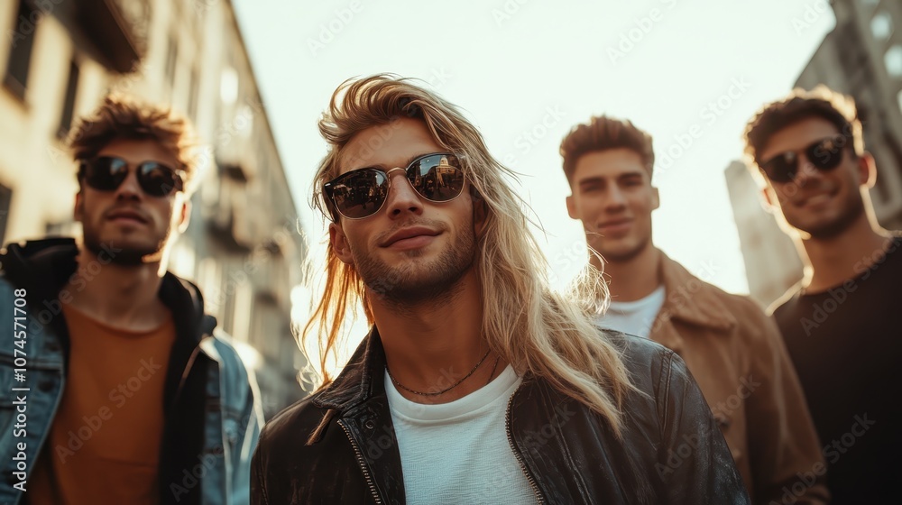 A group of four friends wearing sunglasses stand confidently on a sunlit urban street. Their casual attire reflects a carefree and adventurous spirit. A group of four friends wearing sunglasses stand confidently on a sunlit urban street. Their casual attire reflects a carefree and adventurous spirit.