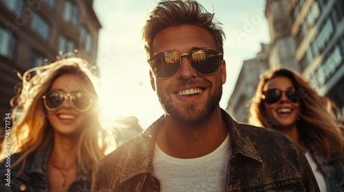 A man and two women smile broadly as they enjoy a lively city setting, with bright sunlight emphasizing their cheerful expressions and casual style.