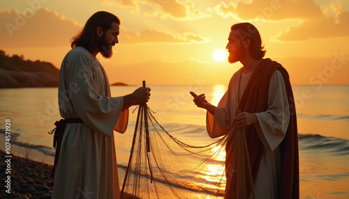 Jesus calls Peter to be his disciple at sunrise by the sea, signifying the beginning of his ministry and the call to follow him