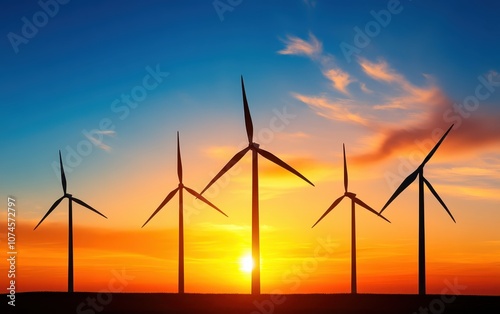 Wind turbines at sunset with vibrant sky colors. photo