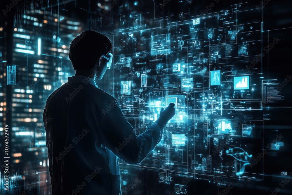 Data visualization and analysis, scientist interacting with digital interface Data visualization and analysis, scientist interacting with digital interface
