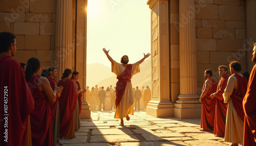 Healing the crippled man at the temple during sunset, where compassion and faith converge among the gathered crowd