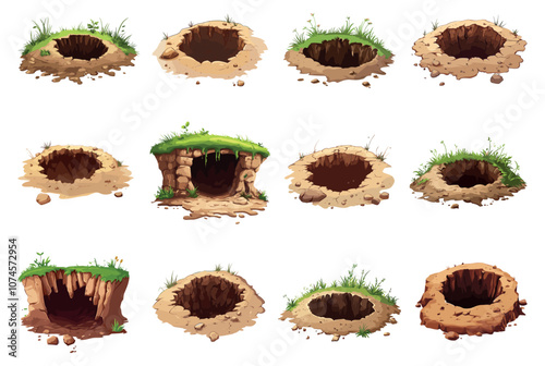 Ground hole set. Forest garden animal groundhog. Dirty dig pit soil earth land surface and burrow entrance. Deep underground hole. Elements with grass plants. Cartoon style isolated vector clipart