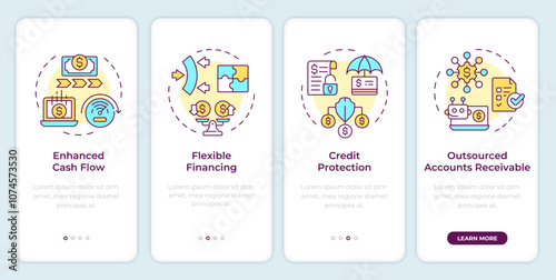 Benefits of factoring onboarding mobile app screen. Walkthrough 4 steps editable graphic instructions with linear concepts. UI, UX, GUI template. Montserrat SemiBold, Regular fonts used