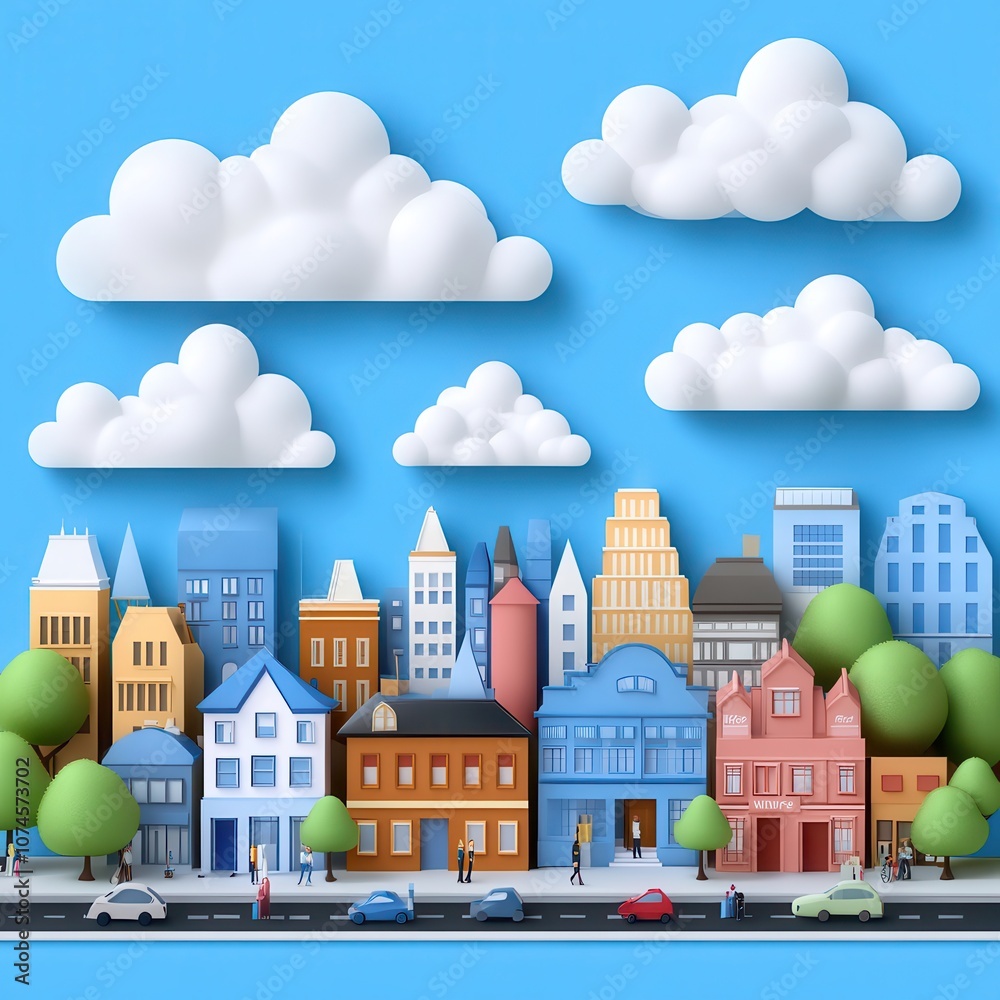 Colorful cityscape with playful cloud designs. Colorful cityscape with playful cloud designs.