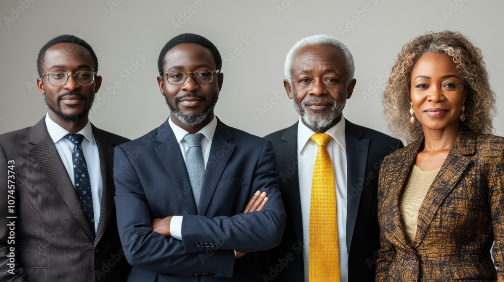 Diverse business group from Ghana, including youth and elderly, professional attire, isolated, white background Diverse business group from Ghana, including youth and elderly, professional attire, isolated, white background