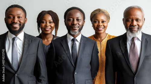 Diverse business group from Ghana, including youth and elderly, professional attire, isolated, white background