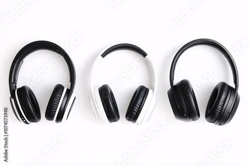 Set of black and white wireless headphones, isolated on a solid white background, high-resolution photography