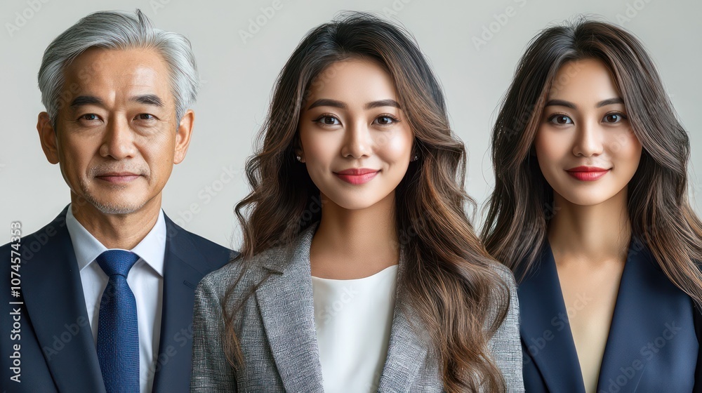 Diverse business group from Singapore, including youth and elderly, professional attire, isolated, white background Diverse business group from Singapore, including youth and elderly, professional attire, isolated, white background
