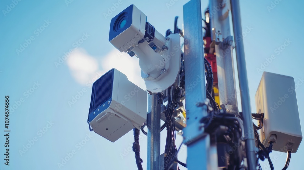 A telecommunications tower equipped with surveillance cameras and communication devices under a clear blue sky.