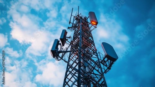 Wallpaper Mural A telecommunications tower reaches into a blue sky, equipped with antennas and devices for signaling and connectivity, against a backdrop of fluffy clouds. Torontodigital.ca