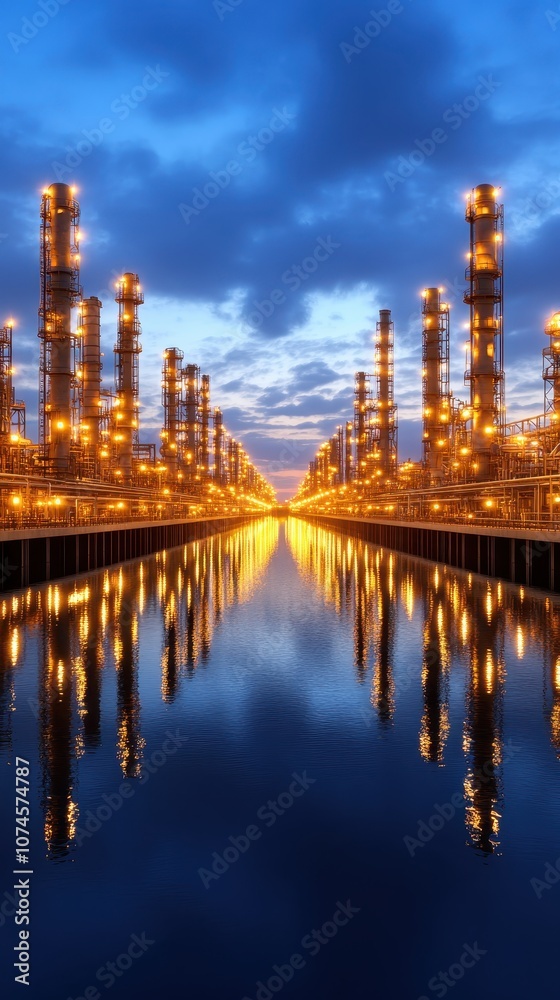 Fototapeta premium Dusk over a glowing industrial site reflection.