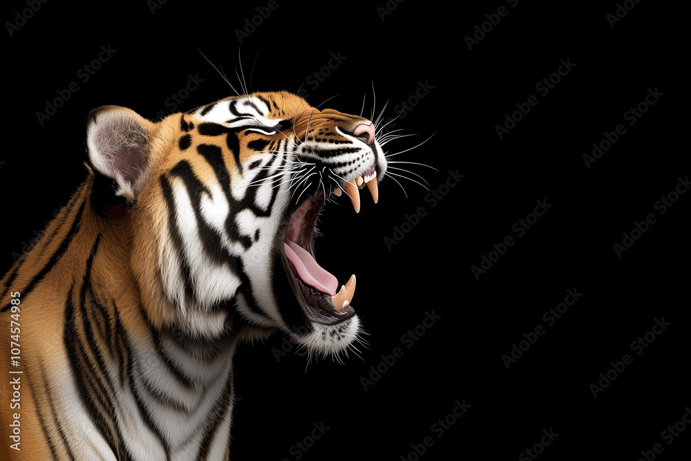 Fierce Tiger Roaring Against Black Background Fierce Tiger Roaring Against Black Background