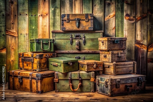 Vintage Military Storage Boxes in an Aged Wooden Setting with Rusty Texture and Natural Light, Evoking Nostalgia and History of Military Supplies and Equipment