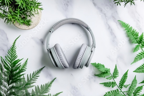 White background, gray headphones on the left side of the image, flat lay, top view