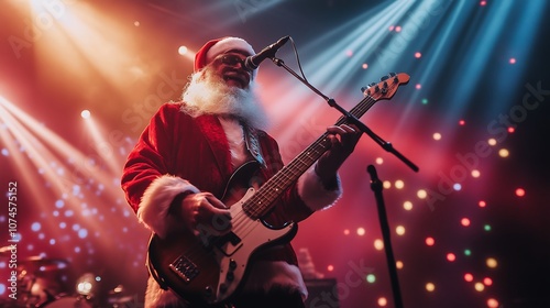 Funny Santa Claus rocking out on stage with a bass guitar amidst colorful lights. 