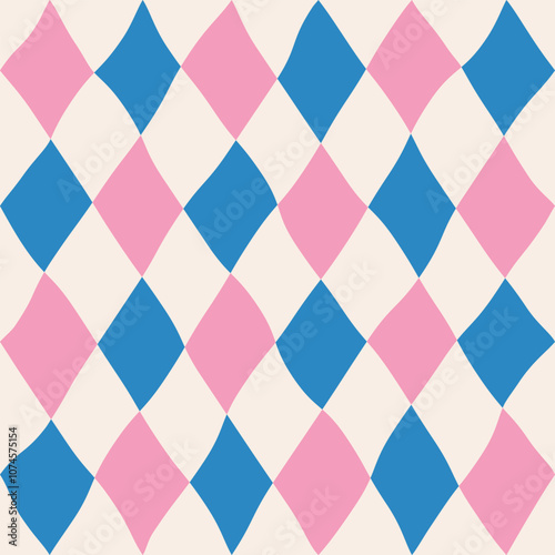 Seamless abstract geometric pattern of blue and pink rhombuses in a row on a light background, harlequin motifs, hand drawn illustration	