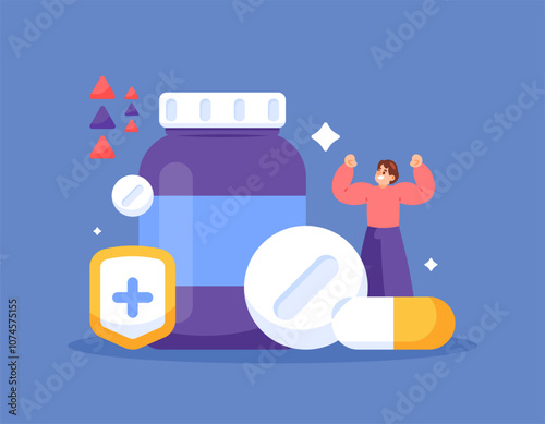 vitamin or supplement concept. intake to increase endurance and immunity. body nutrition. illustration of a man with medicines for body protection. health and medicine. flat style design. elements