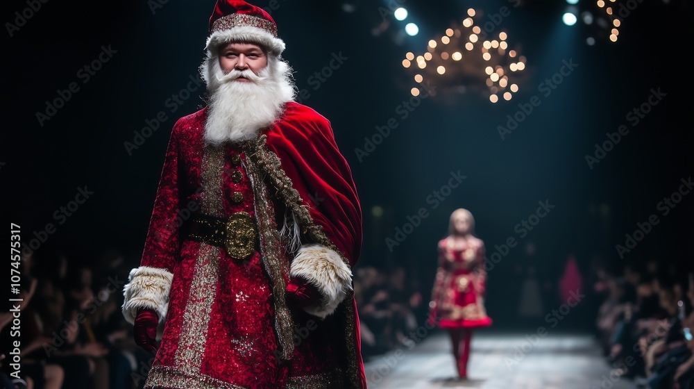 Obraz premium Funny Santa Claus walks proudly down the runway in elegant red attire during a festive fashion show.