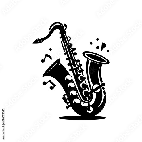 saxophone with musical notes logo