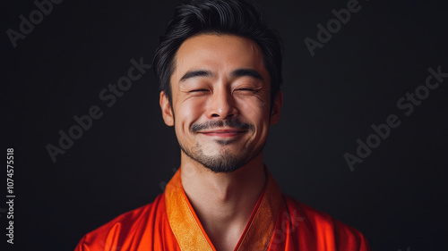 Close-up of a happy senior Asian man in traditional red attire smiling with joy