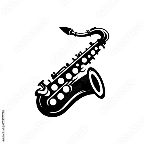 saxophone with musical notes logo