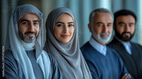 Group of Emirati business professionals, mixed ages, including youth and elderly, isolated, white background photo