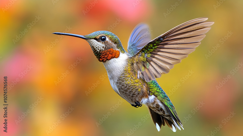 Fototapeta premium Vibrant and Iridescent Hummingbird Gracefully Hovering Over Blooming Flowers in a Lush,Tropical Garden Environment. The Tiny.