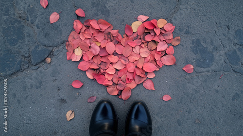 Cuore formato da tante foglie rosse davanti alle scarpe di un uomo. Segui il tuo cuore e ascolta le tue emozioni. photo