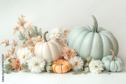 Pumpkins and flowers on a table