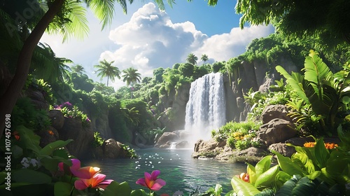 Tropical waterfall in the jungle with flowers and palm trees. photo