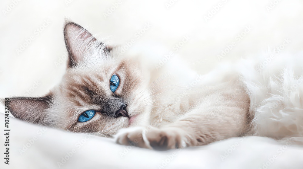 A soft and fluffy Ragdoll cat is peacefully sprawled on a pristine white background, its blue eyes captivating the viewer A soft and fluffy Ragdoll cat is peacefully sprawled on a pristine white background, its blue eyes captivating the viewer