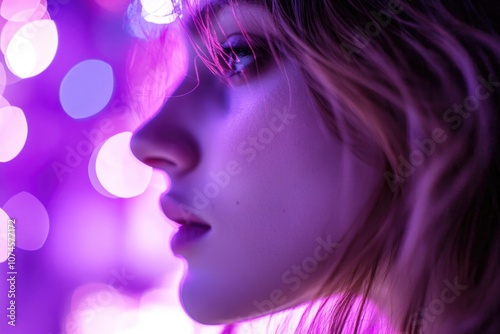 Close-up shot of a woman's face with bright lights in the background, perfect for use in illustrations or as a visual element