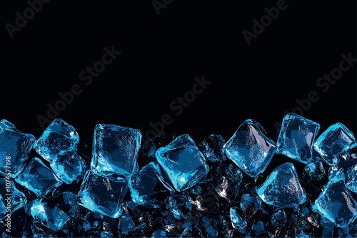 Ice cubes horizontal background. Blue glowing crystal ice cubes border. Dark plain backdrop with a place for text. Frozen square water blocks for cooling drinks. Advertising banner design. Vector