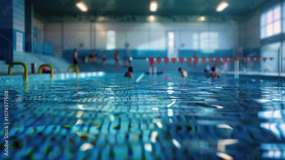 Group of people enjoying water activities in an indoor pool setting Group of people enjoying water activities in an indoor pool setting