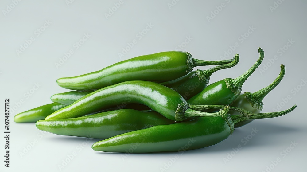 A striking composition features a cluster of green chili peppers arranged neatly on a smooth white background. A striking composition features a cluster of green chili peppers arranged neatly on a smooth white background.