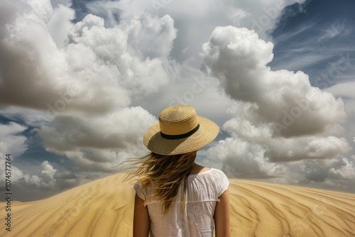 A woman stands alone in the desert wearing a hat, perfect for a scene or concept related to travel, adventure, or exploration photo