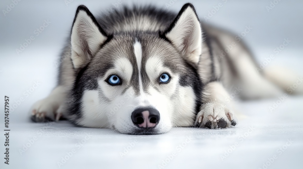 A striking Siberian Husky lies on a smooth white surface, its piercing blue eyes and thick coat making a bold statement. A striking Siberian Husky lies on a smooth white surface, its piercing blue eyes and thick coat making a bold statement.
