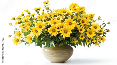 A striking vase filled with an array of yellow flowers is positioned against a pristine white background.