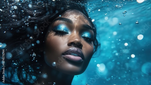 Enchanting underwater beauty with african american descent woman in tranquil ocean