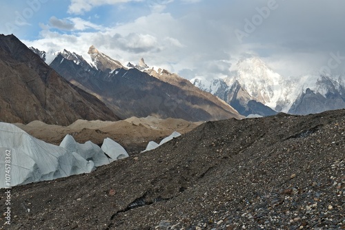 View of the Baltoro glacier and the Gasherbrum ridge from Gore 1 campsite. Karakoram Mountains. Gilgit-Baltistan region. Pakistan. Asia. photo