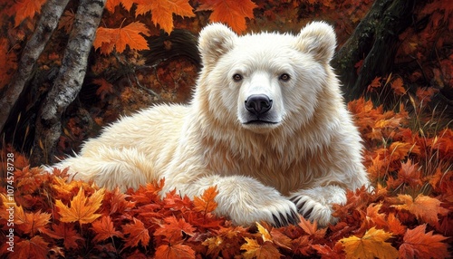 Serene Spirit Bear Amidst Autumns Embrace A Captivating Portrait of Wildlife and Nature photo
