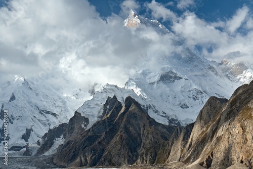 View from Baltoro Glacier to K1 Peak Masherbrum 7,821 meters high, near Gore 2 campsite. Karakoram Mountains. Gilgit-Baltistan region. Pakistan. Asia. photo