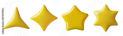 Different 3d star shapes set with three, four, five and six points. Three dimensional holiday design elements on white background.