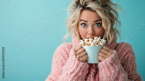 A woman wearing a thick pink sweater holds a bowl of popcorn, embodying comfort and warmth, set against a vibrant blue background, highlighting her playful expression.