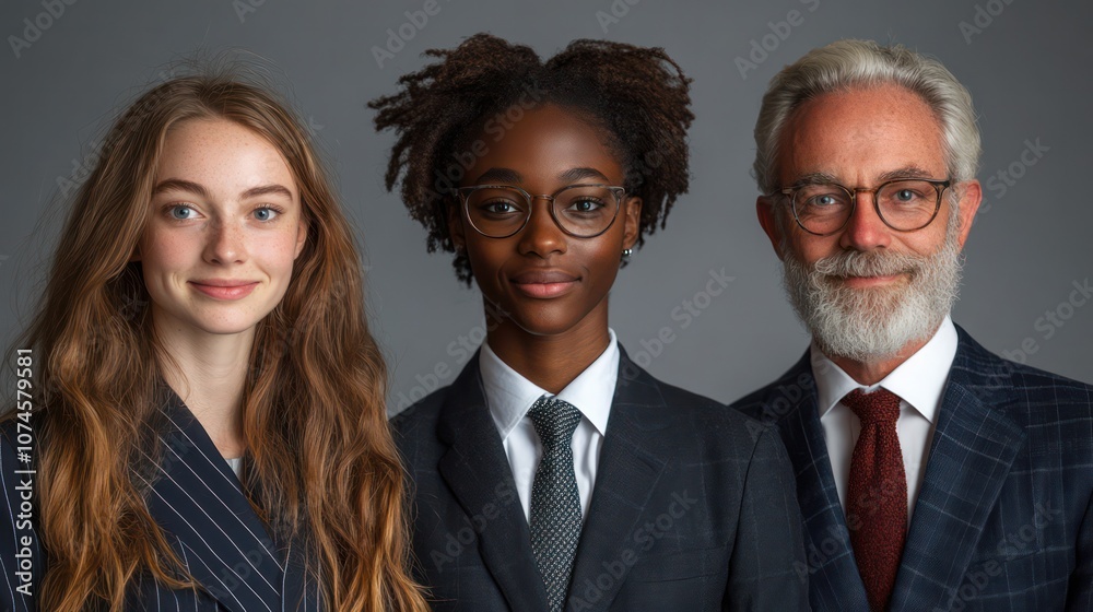 Group portrait of British professionals, young and senior, formal attire, isolated, white background Group portrait of British professionals, young and senior, formal attire, isolated, white background