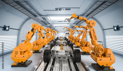 Foto Robot assembly line with ev car battery on undercarriage platform