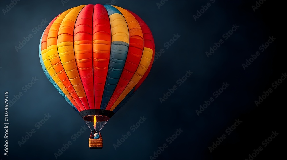 Obraz premium Whimsical hot air balloon floating peacefully in the blue sky with wispy white clouds,representing freedom,adventure,and the power of imagination.